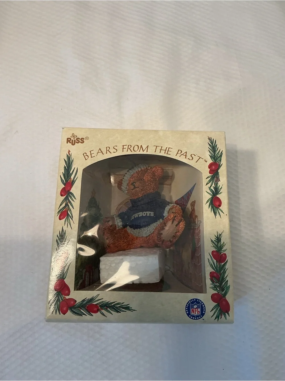 Russ Brown Teddy Bear Ornament with Blue Cowboys Sweater and Gold Cord